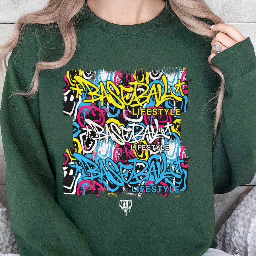 Baseball Lifestyle Sweatshirt | Graffiti Smiley Graphic Print | Cotton-Poly Blend Crewneck | Sporty Urban Gift for Baseball Players and Fans