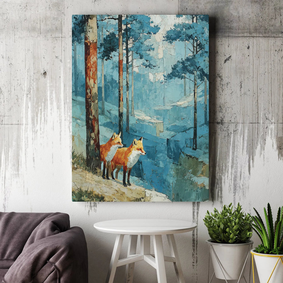 Two Foxes Canvas Art | Impressionistic Blue Pine Forest Wall Decor | Premium Gallery Wrap Print | Wildlife Nature Lover Gift