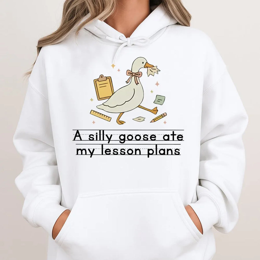 Silly Goose Teacher Hoodie | Funny 'Ate My Lesson Plans' Graphic | Cozy Unisex Crewneck | Back to School & Appreciation Gift for Teachers