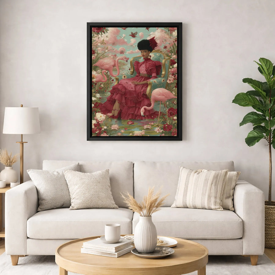 Regal Black Woman Canvas Art | Victorian Red Dress Flamingo Portrait | 1.25-Inch Gallery Wrap | Sophisticated Home Decor Gift