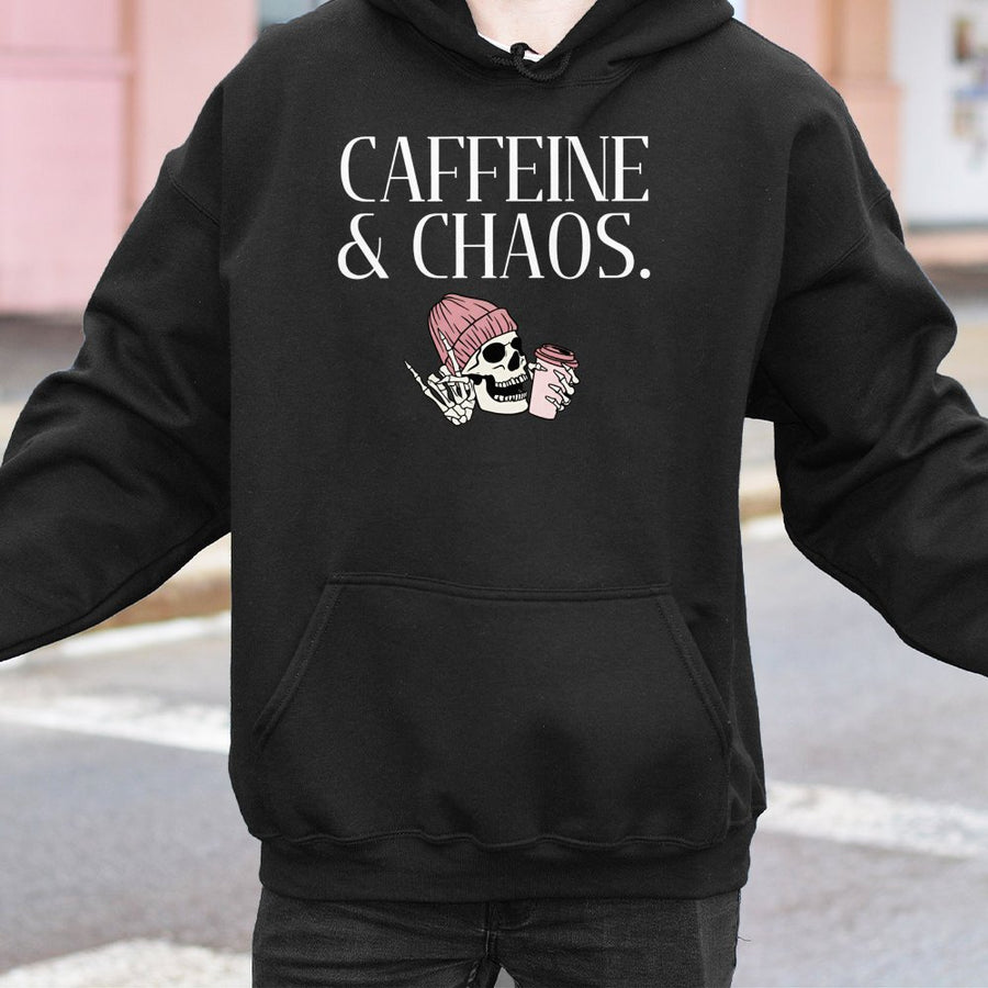Caffeine & Chaos Hoodie | Aesthetic Skeleton Coffee Graphic | Soft Cotton-Blend Pullover | Trendy Gift for Coffee Lovers & Students