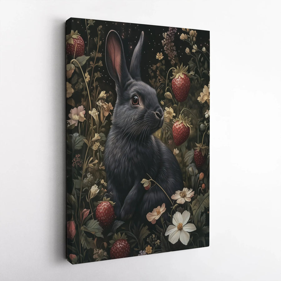 Black Rabbit Wall Art | Midnight Strawberry Patch Illustration | Gallery Quality Framed Canvas Print | Whimsical Nature Home Decor Gift