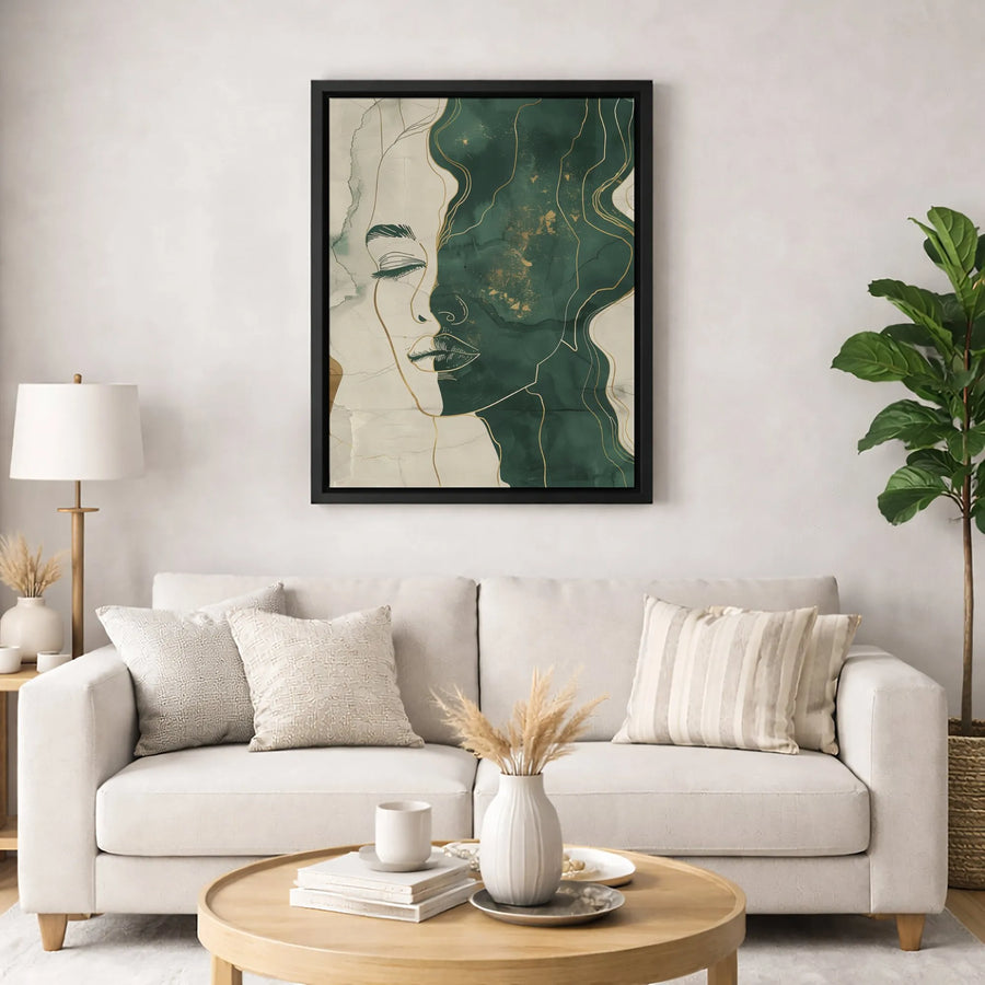 Abstract Woman Face Canvas Wall Art | Emerald Green and Gold Line Drawing | Premium Gallery Wrapped Decor | Modern Aesthetic Home Gift