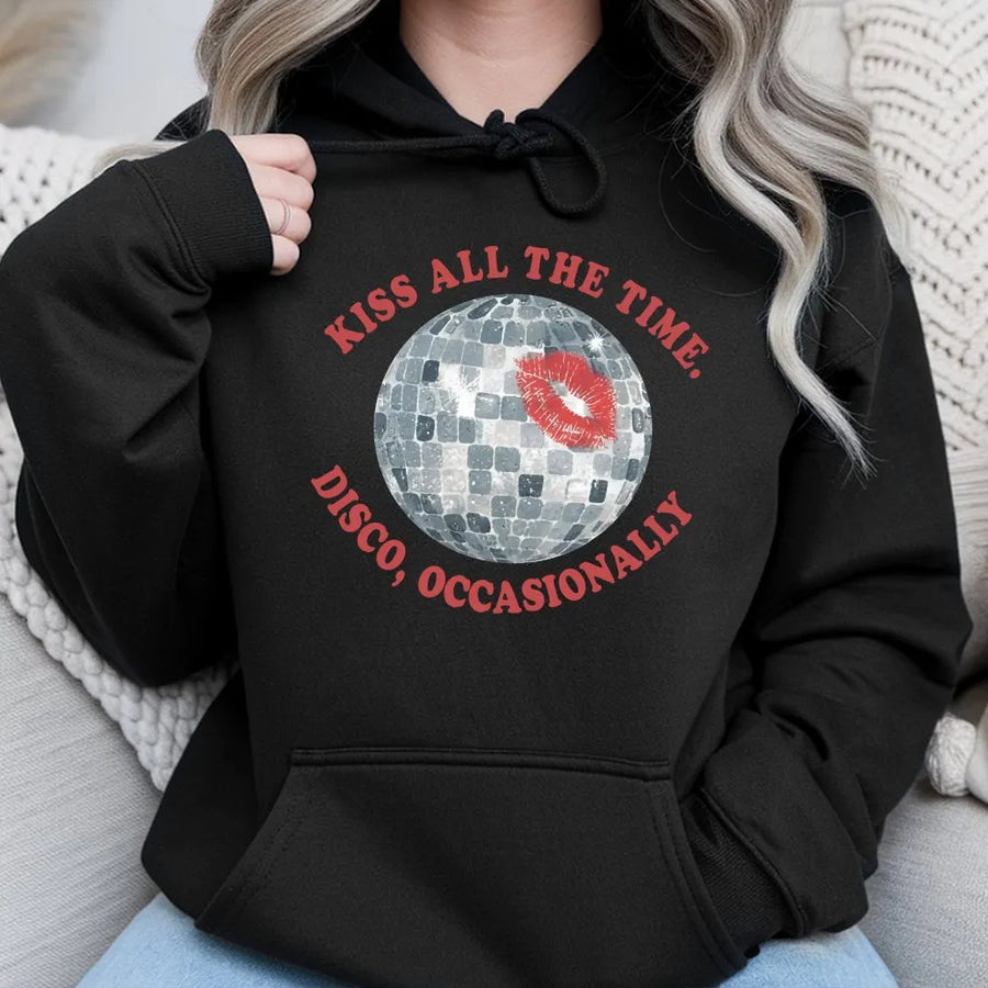 Retro Disco Ball Hoodie | Kiss All The Time Graphic | Soft Cotton Crewneck | Y2K Concert Gift for Women