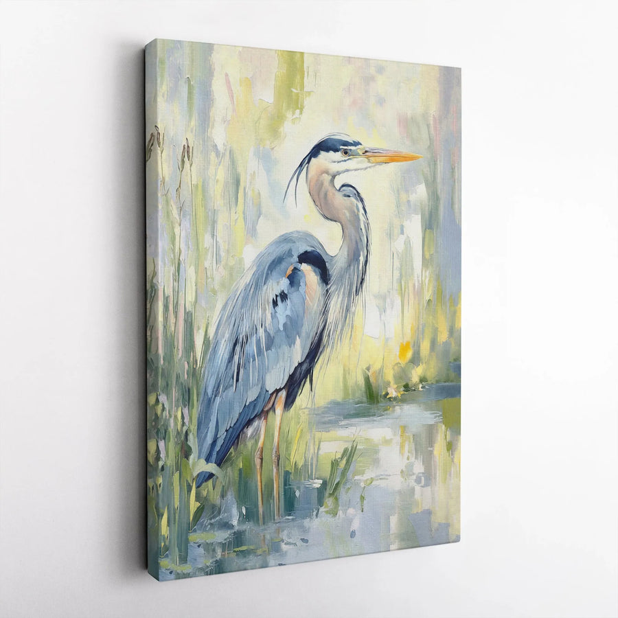 Great Blue Heron Canvas Wall Art | Impressionist Marsh Bird Print | Premium 1.25" Gallery Wrap | Coastal Decor Gift for Nature Lovers