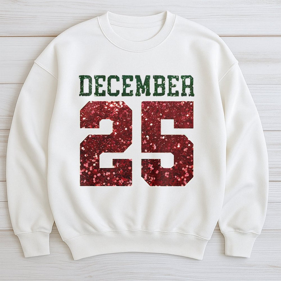 December 25 Sweatshirt | Red Glitter Christmas Number Design | Premium Cotton Blend Crewneck | Festive Holiday Gift For Men And Women