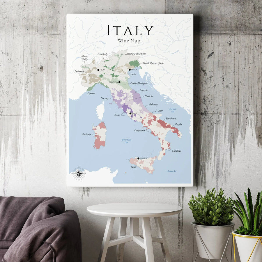 Italy Wine Map Canvas | Detailed Italian Viticulture Regions Art | Premium Gallery Wrapped Wall Decor | Perfect Gift For Wine Lovers