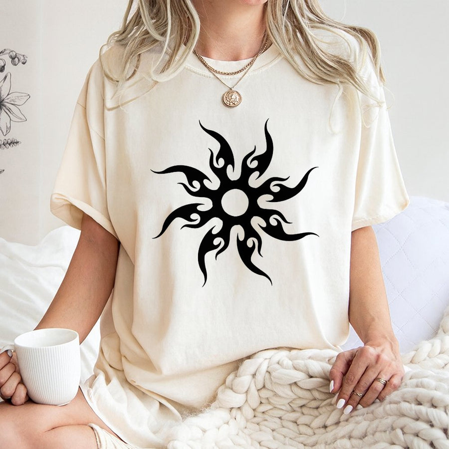 Tribal Sun Flame T-Shirt | Y2K Aesthetic Graphic Tee | 100% Cotton Premium Quality | Unisex Streetwear Gift for Men and Women