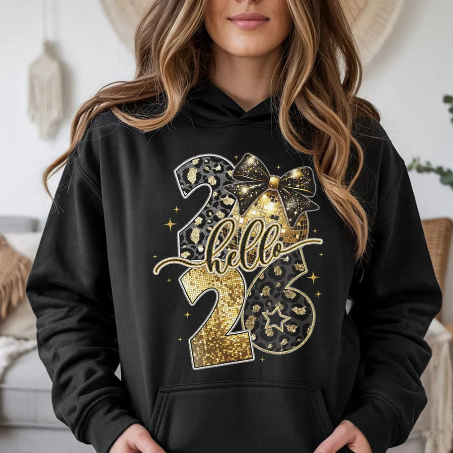 Hello 2026 New Year Hoodie | Gold Glitter Leopard Print Graphic | Premium Soft Cotton Blend | Festive Party Gift For Her