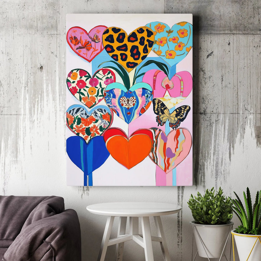 Colorful Heart Canvas Wall Art | Pop Art Butterfly & Leopard Print Decor | Premium Gallery Wrap | Vibrant Modern Home Gift