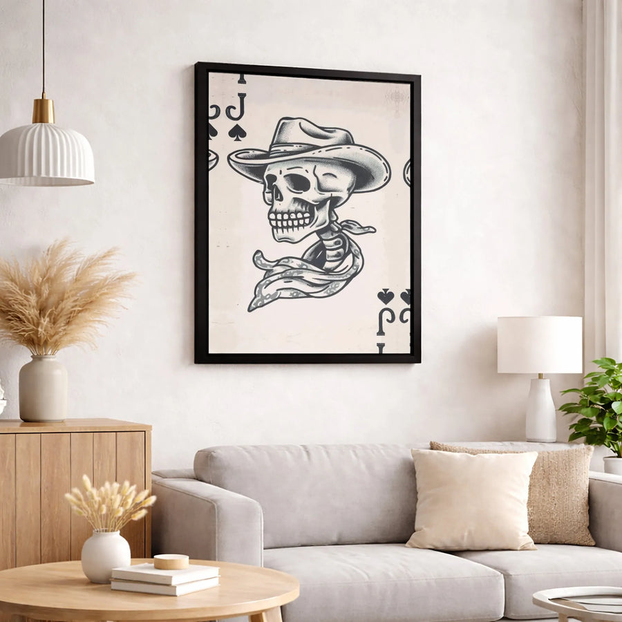 Jack Of Spades Skeleton Cowboy Canvas | Western Playing Card Tattoo Art | 1.25” Gallery Wrap | Premium Home Decor Wall Print