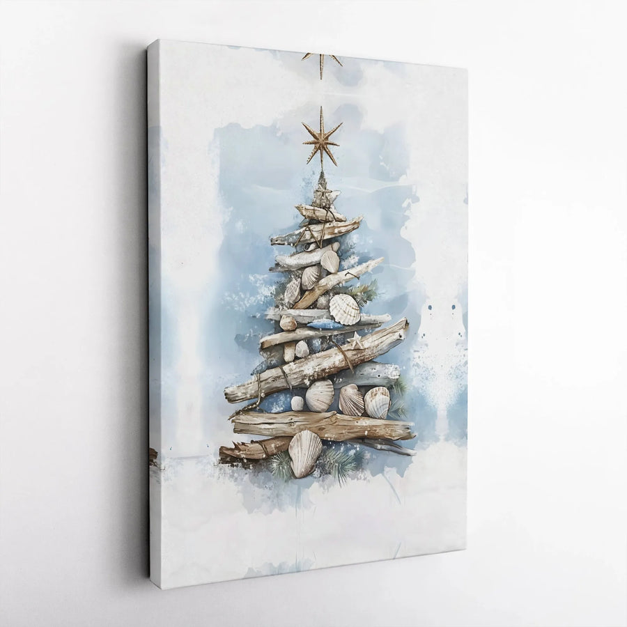 Coastal Christmas Tree Wall Art | Watercolor Driftwood and Seashell Decor | Premium 1.25 Inch Gallery Canvas | Beachy Holiday Home Decor