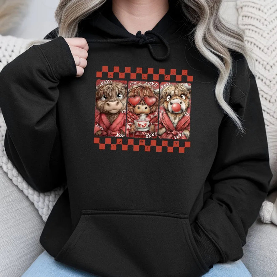 Valentine Highland Cow Hoodie | Cute Farm Animal Graphic Design | Premium Cotton Blend | Romantic Western Gift For Her & Him