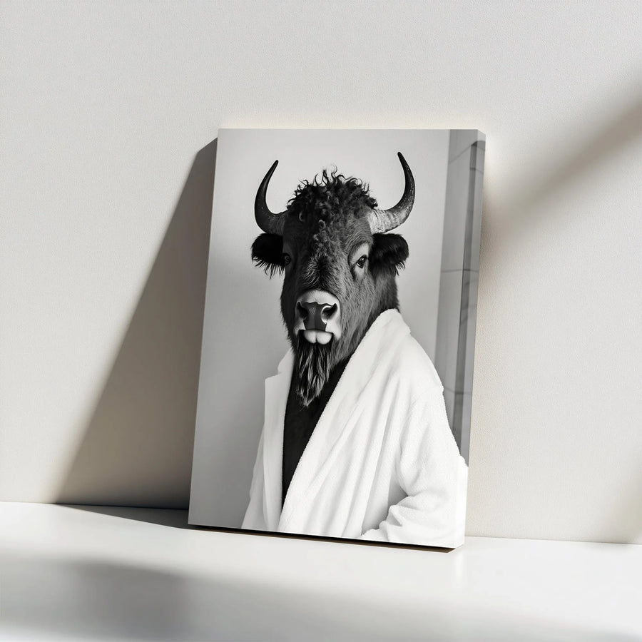 Bison in Bathrobe Canvas Wall Art | Funny Animal Bathroom Decor | Premium Gallery Wrap Print | Whimsical Farmhouse Home Gift