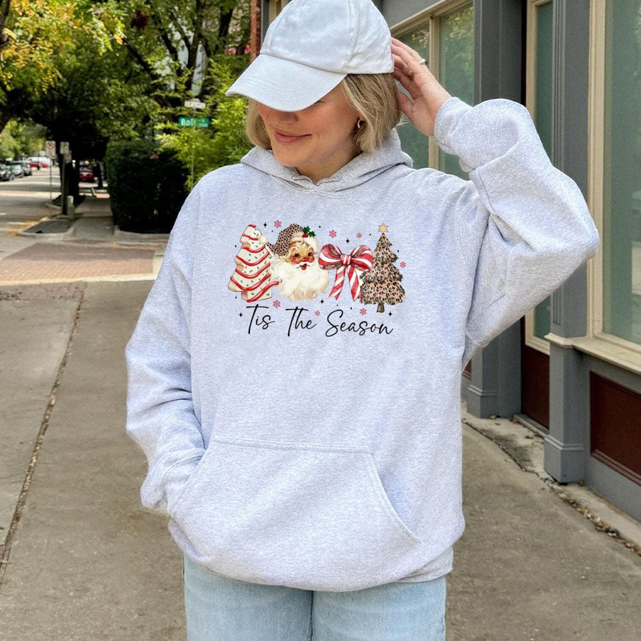Retro Santa Hoodie | Tis The Season Leopard Christmas Tree Print | Premium Cotton Blend Sweatshirt | Cute Festive Holiday Gift For Women