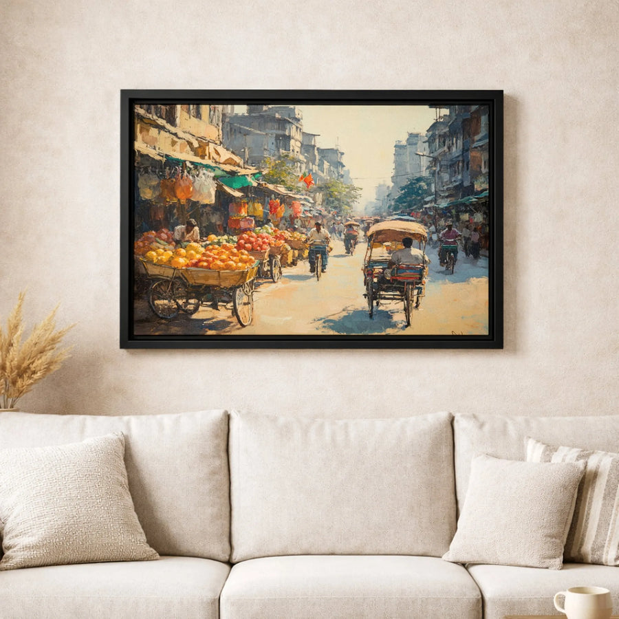 Indian Street Market Canvas Art | Impressionist Cityscape Print | Gallery-Quality 1.25" Thick Frame | Cultural Travel Home Decor Gift