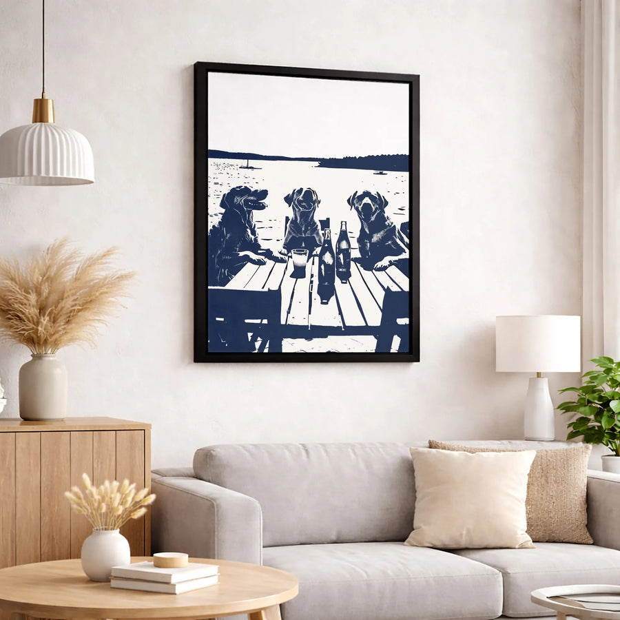 Labrador Dog Beer Canvas Print | Stylized Lake Dock Art | 1.25 Inch Gallery Wrap | Funny Pet Lover Wall Decor Gift