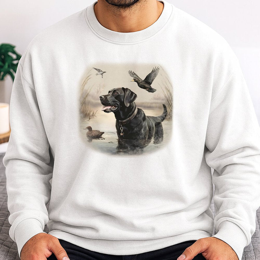 Black Labrador Retriever Sweatshirt | Vintage Hunting Dog Mallard Art | Premium Cotton Blend | Gift for Duck Hunter and Dog Lover