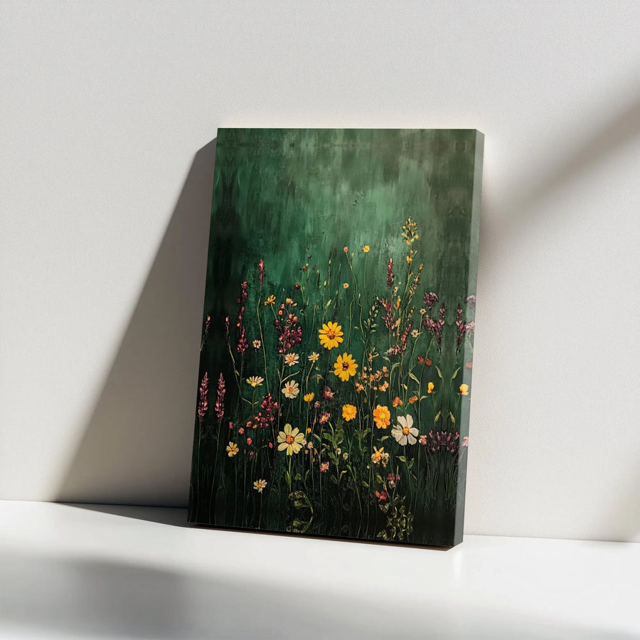 Wildflower Meadow Canvas Print | Moody Dark Green Botanical Wall Art | Premium Gallery Wrap Decor | Ready to Hang Floral Painting Gift