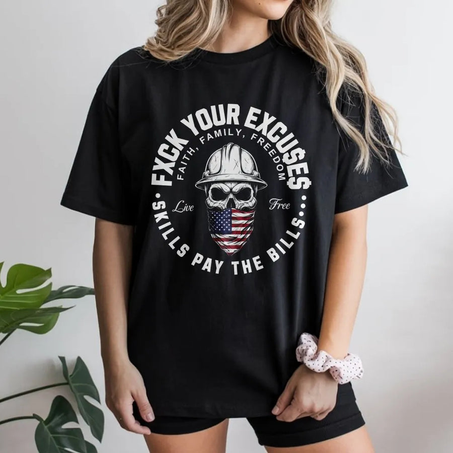 Skills Pay The Bills T-Shirt | Blue Collar Hard Hat Skull Graphic | Premium Cotton Tee | Patriotic Gift for Tradesman