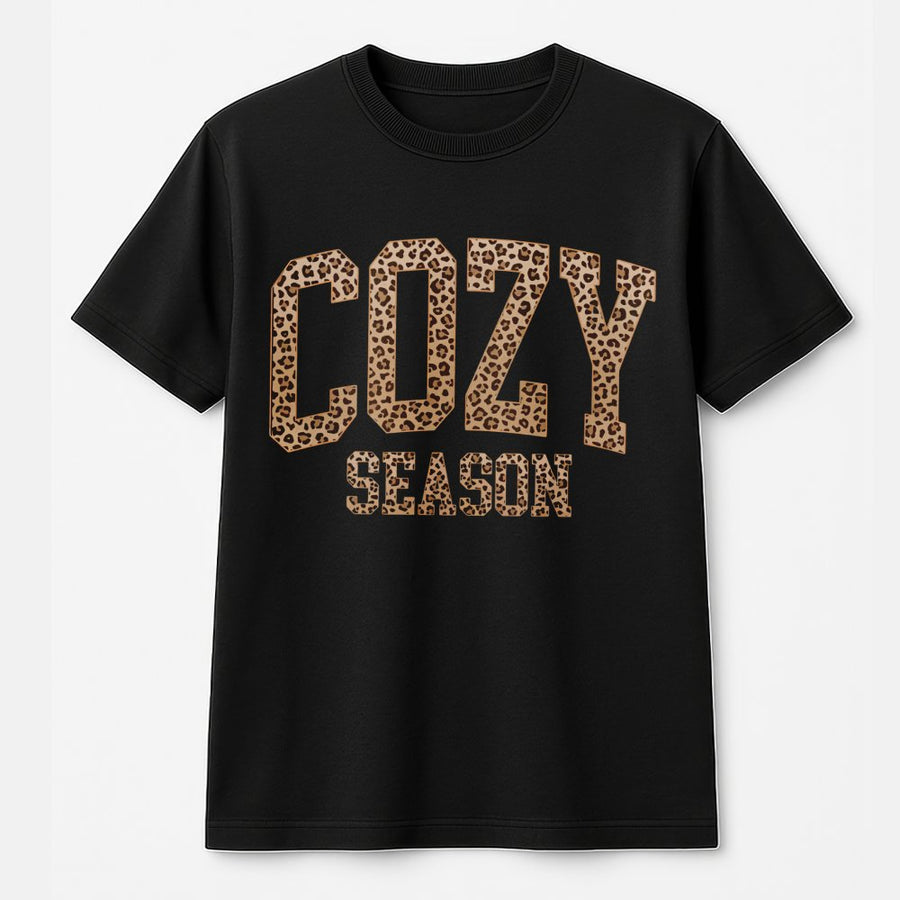 Cozy Season T-Shirt | Leopard Print Varsity Letter Graphic | Premium 100% Cotton | Fall Aesthetic Gift for Her