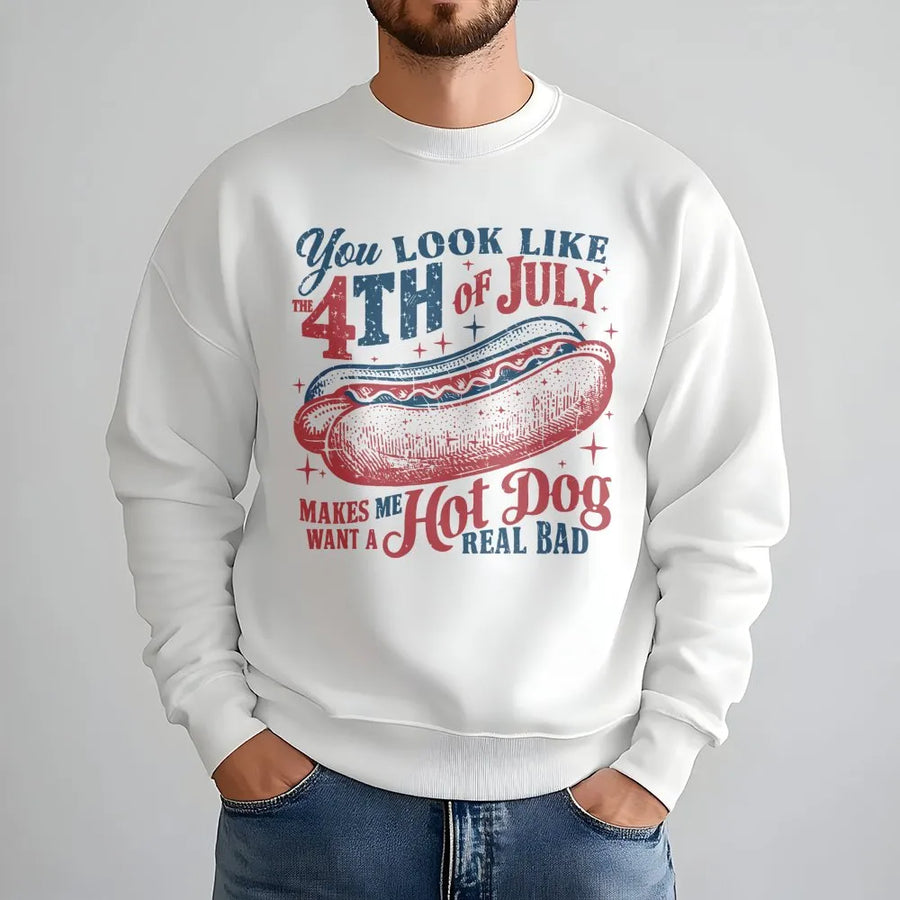 4th of July Sweatshirt | Funny Hot Dog Lover Graphic | Premium Cotton Blend Crewneck | Independence Day Party Outfit Gift for Him or Her