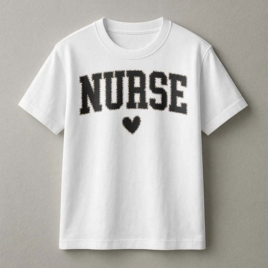 Nurse T-Shirt | Leopard Print Lettering with Heart | Premium Soft Cotton | Nursing Student Graduation Gift and RN Appreciation Apparel