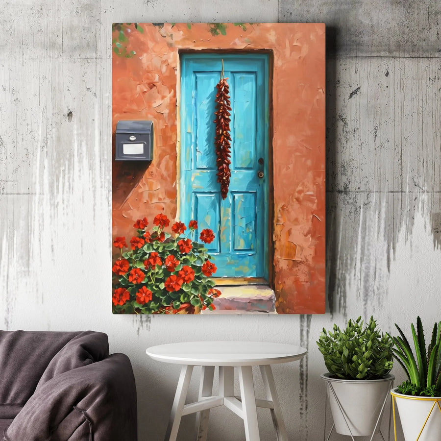 Southwestern Turquoise Door Canvas Wall Art | Rustic Chili Ristra Painting Print | Premium Thick Gallery Wrap | Santa Fe Style Kitchen & Entryway Decor Gift