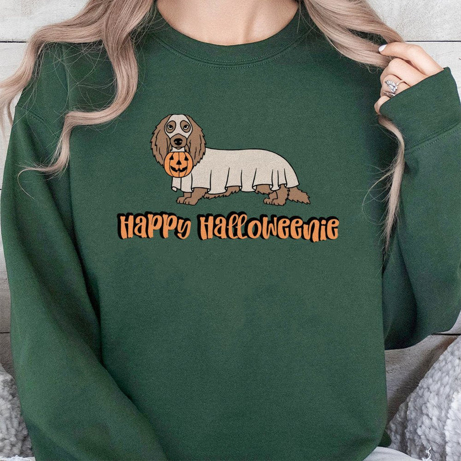 Dachshund Ghost Sweatshirt | Happy Halloweenie Graphic Design | Premium Cotton Blend | Funny Halloween Gift For Dog Mom & Dachshund Lovers