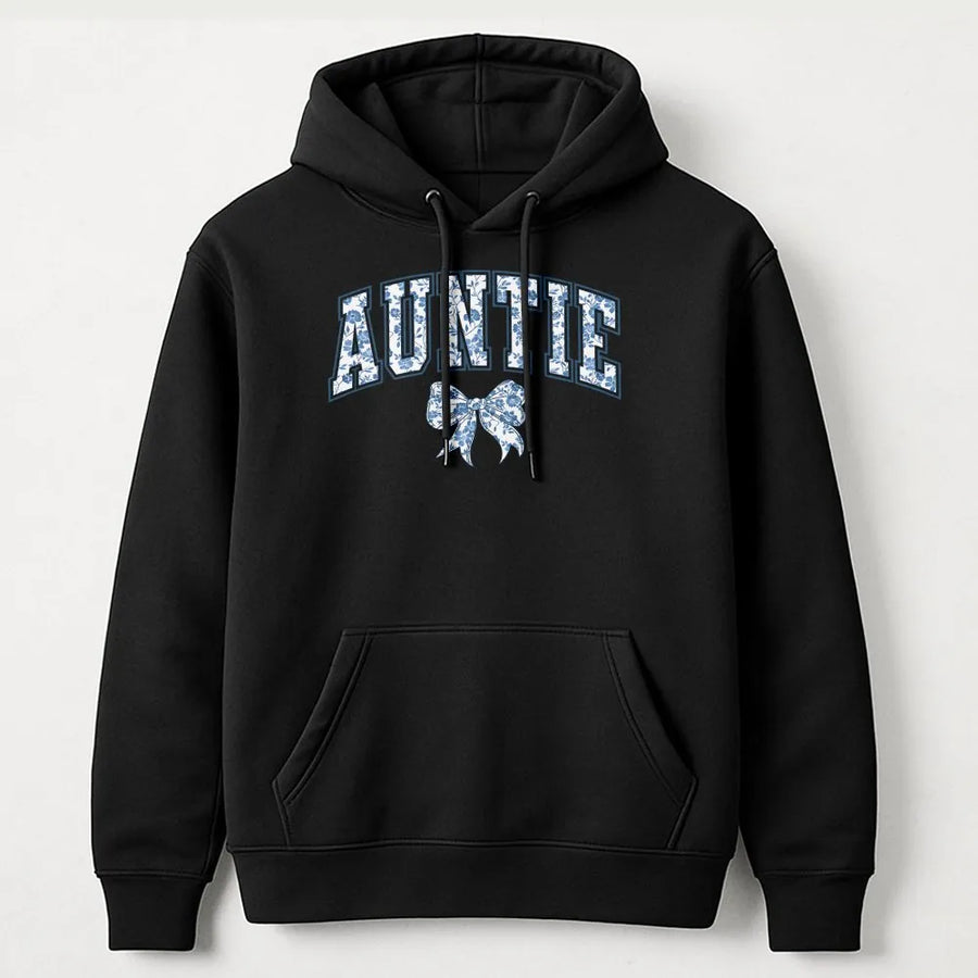 Auntie Hoodie | Blue Floral Collegiate Graphic with Bow | Premium Cotton Blend | Gift for New Aunt, Pregnancy Announcement