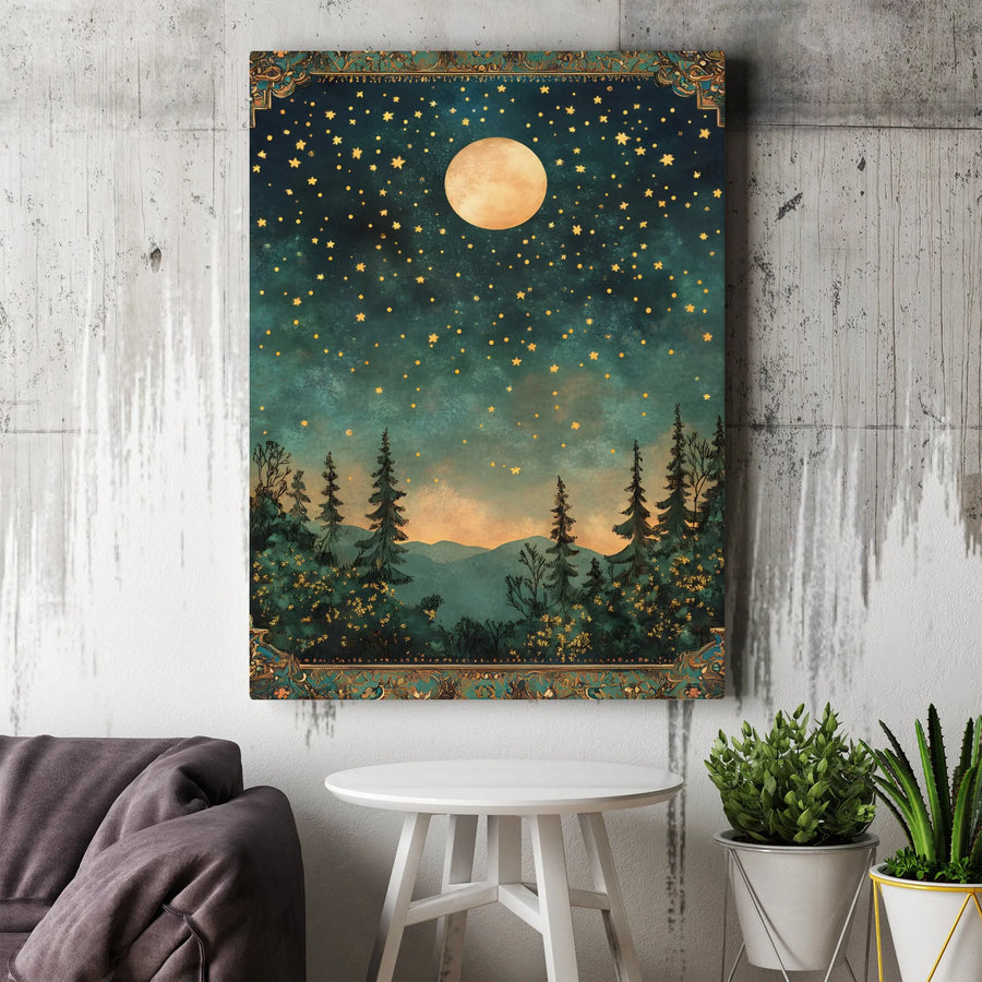 Celestial Night Sky Canvas Art | Ornate Gold Border Full Moon Landscape | Premium Gallery-Wrap Wall Decor | Whimsical Nature Lover Gift