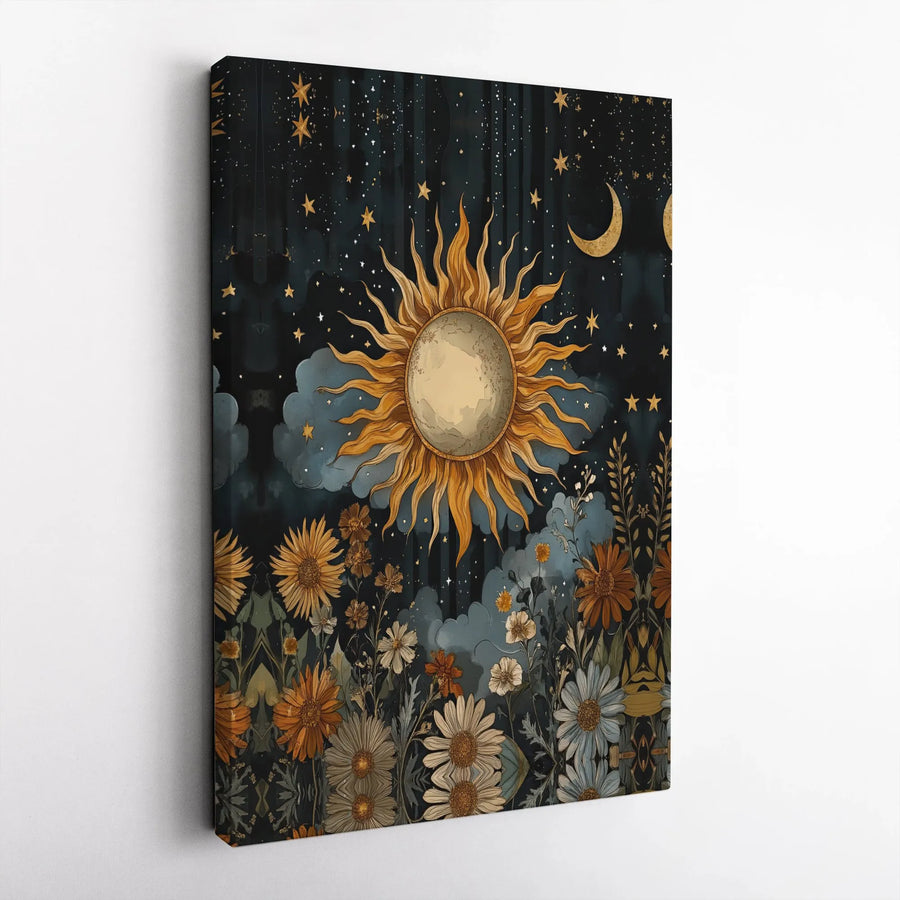 Bohemian Sun and Moon Canvas Wall Art | Celestial Wildflower Garden Print | Premium Gallery-Wrapped Decor | Whimsical Nature Lover Gift