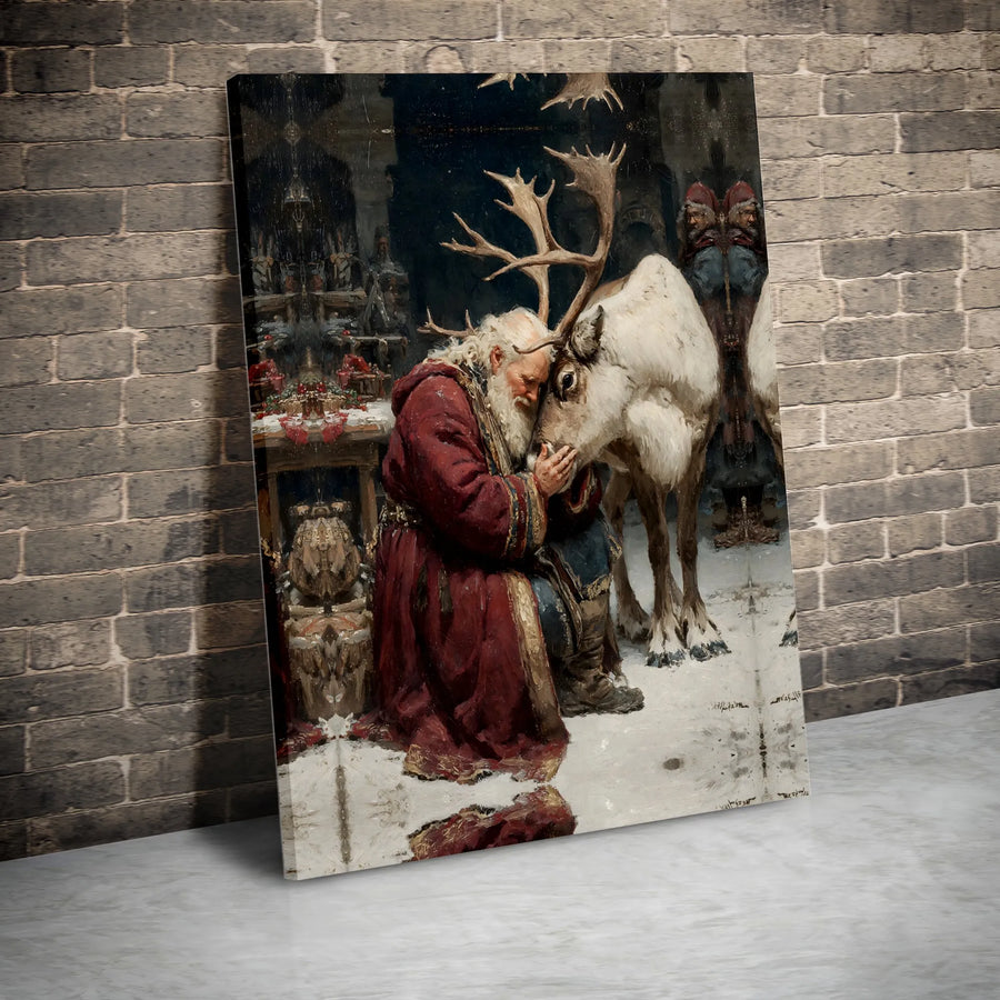 Santa Claus and Reindeer Canvas Wall Art | Emotional Winter Holiday Painting | Premium Gallery Wrap Decor | Festive Christmas Gift for Home