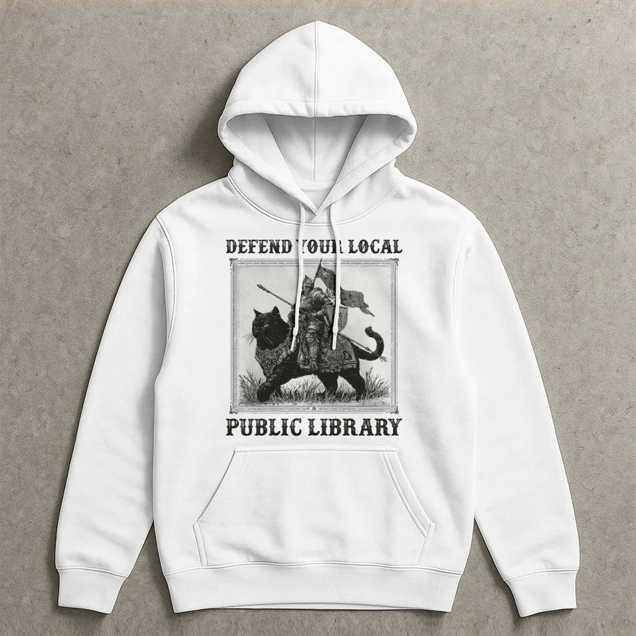 Defend Your Local Public Library Hoodie | Knight Riding Black Cat Graphic | Premium Cotton Blend Sweatshirt | Unique Gift for Book Lovers & Librarians