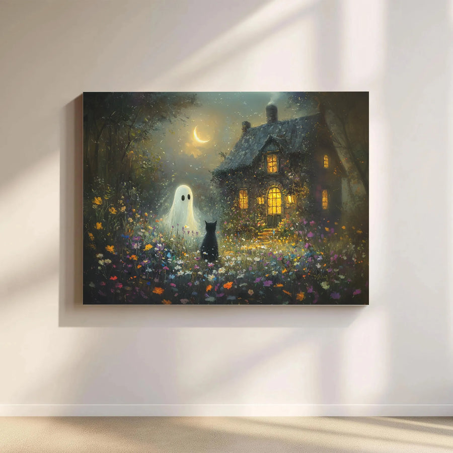 Ghost and Black Cat Canvas Art | Whimsical Cottagecore Wall Decor | Premium Fade-Resistant Print | Spooky Halloween Gift for Her