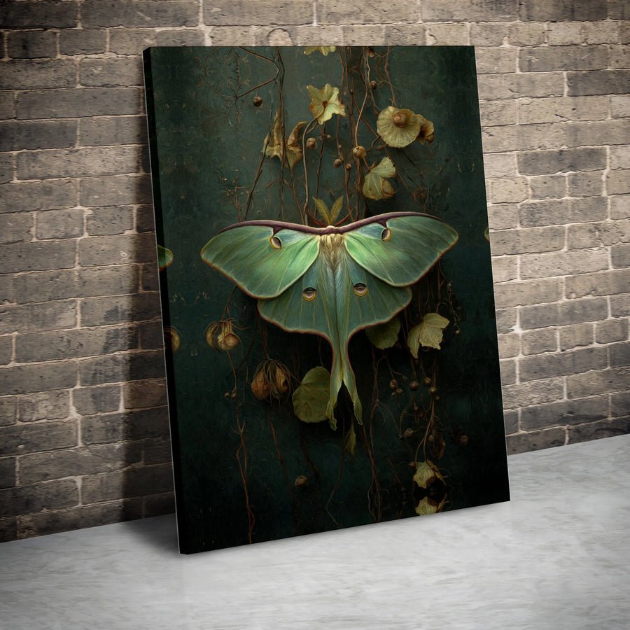 Luna Moth Wall Art Canvas | Dark Botanical Gothic Insect Print | Premium Gallery Wrap Decor | Moody Nature Gift For Entomology Lovers