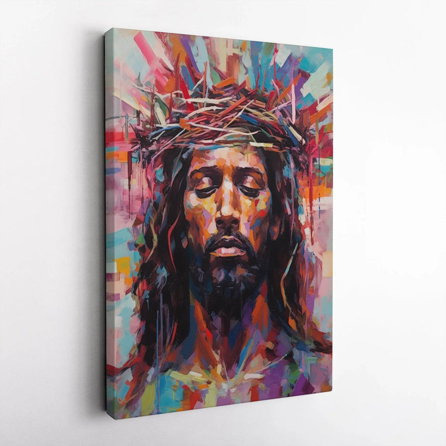 Jesus Crown Of Thorns Canvas Wall Art | Colorful Abstract Religious Portrait | Gallery Wrapped Premium Print | Spiritual Home Decor Gift