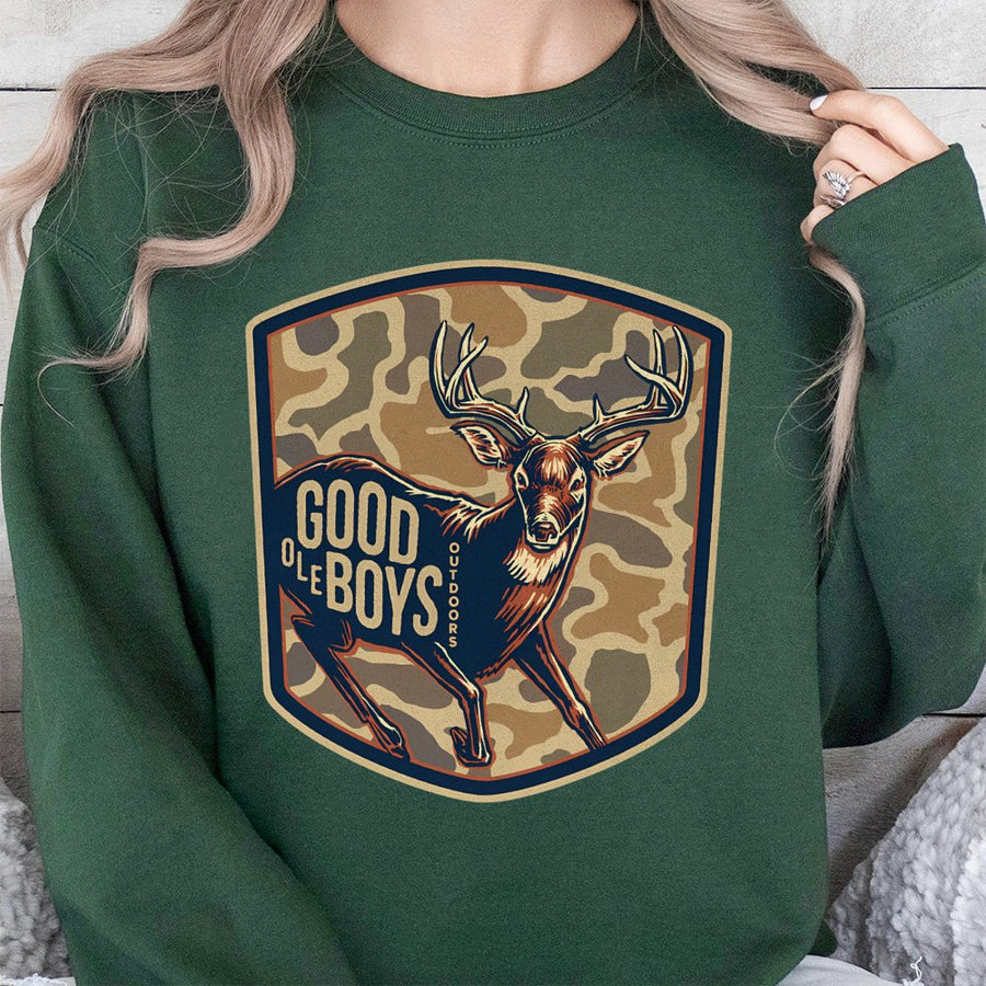 Good Ole Boys Outdoors Sweatshirt, Buck Deer Camo Graphic Sweatshirt, Country Lifestyle Apparel, Rustic Nature Design Sweatshirt