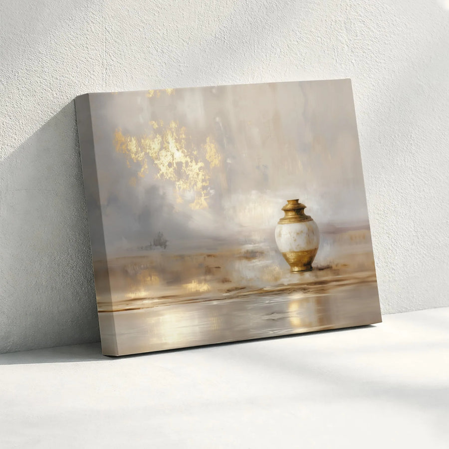 Abstract Gold Urn Canvas Wall Art | Neutral Textured Still Life Painting | Premium Gallery-Wrapped Print | Modern Home & Office Decor