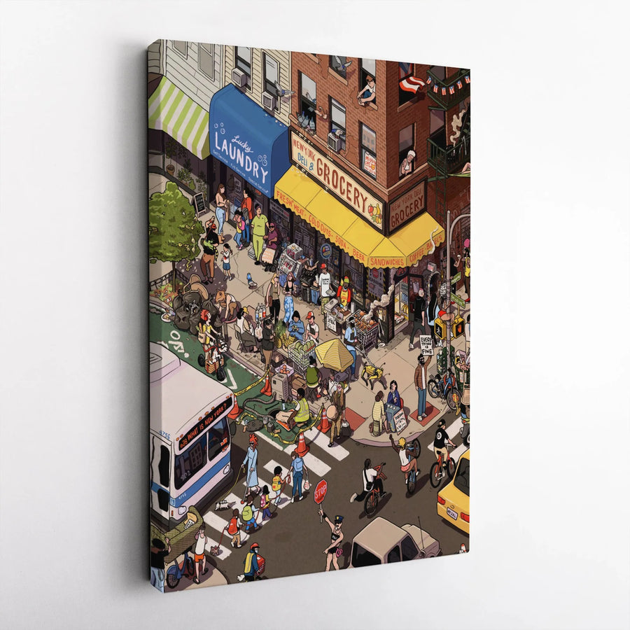 New York City Street Scene Canvas Print | Detailed Isometric Illustration | Premium Thick Gallery Wrap | Urban Art Collector Gift for Home or Office Decor