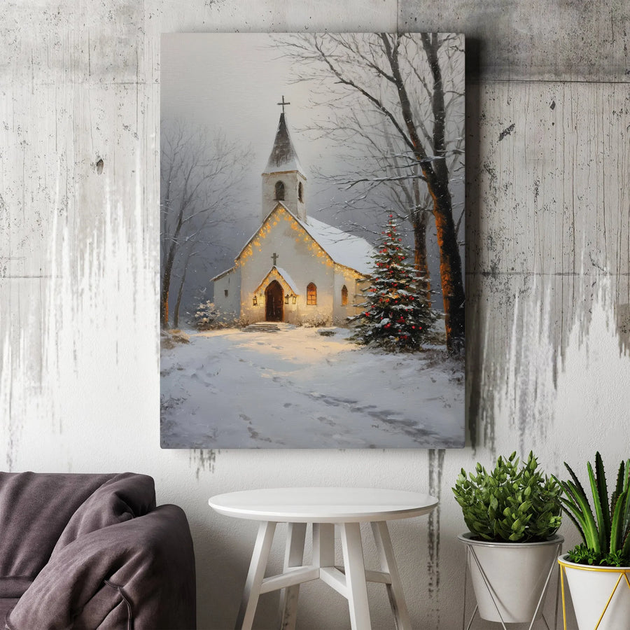 Winter Church Canvas Art | Snowy Christmas Tree Wall Decor | Premium Fade-Resistant Gallery Print | Holiday Home Gift For Religious Decor