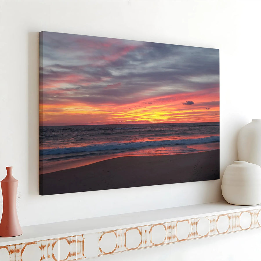 Beach Sunset Canvas Wall Art | Colorful Ocean Horizon Landscape | Premium 1.25 Inch Gallery Wrap | Calming Home Decor Gift