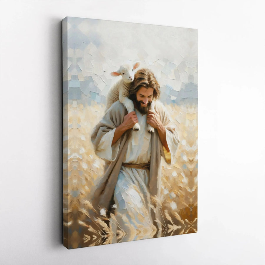 Jesus The Good Shepherd Canvas | Oil Painting Style Lamb Portrait | 1.25-Inch Gallery Wrap | Christian Home Decor Wall Art Gift