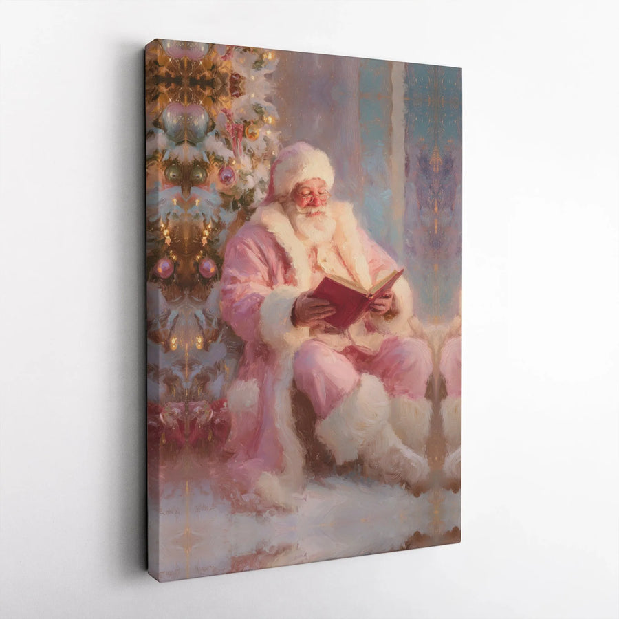 Pink Suit Santa Canvas Art | Reading by Christmas Tree Oil Painting Style | Premium Fade-Resistant Print | Festive Holiday Home Decor Gift
