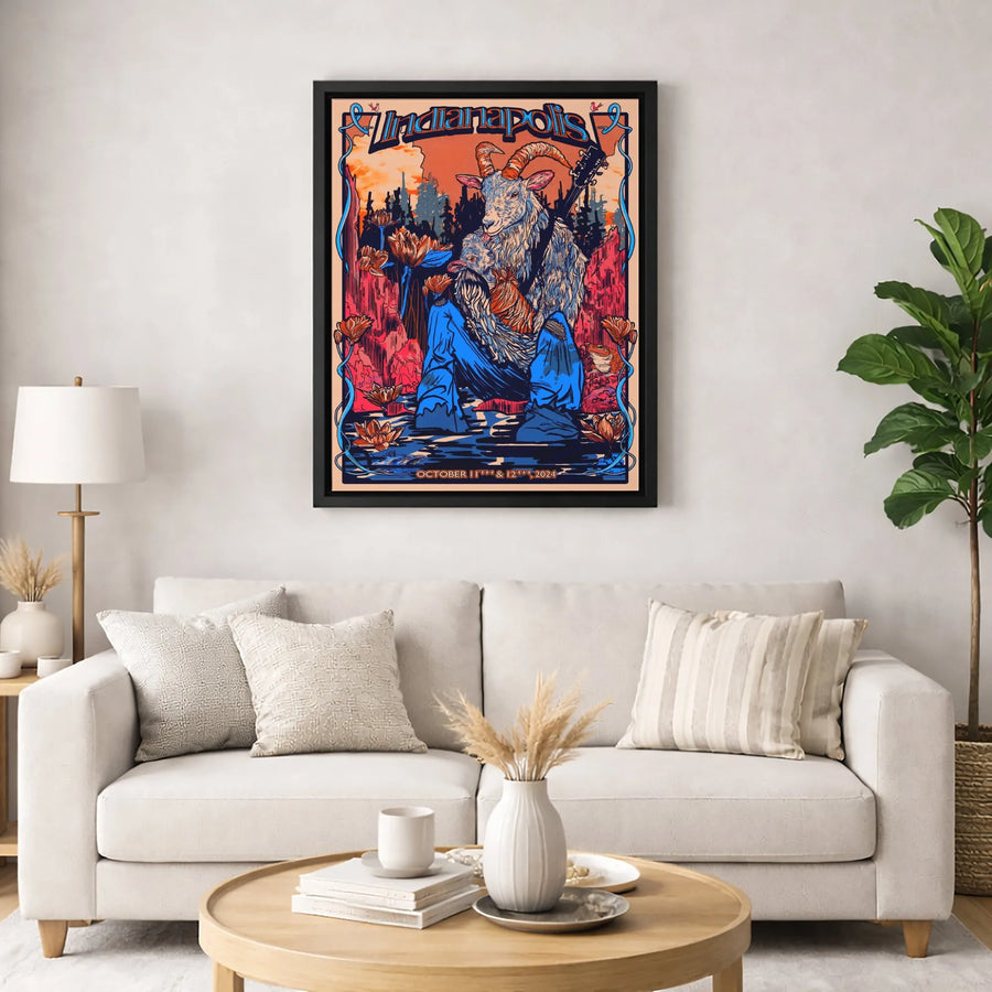 Indianapolis Concert Poster Wall Art | Psychedelic Goat & Guitar Design | 1.25" Premium Gallery Canvas | Unique Music Memorabilia Gift