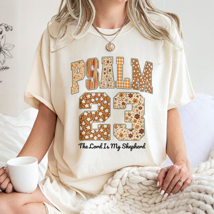 Psalm 23 T-Shirt | Floral Varsity Letter Bible Verse Graphic | Premium Cotton Unisex Crewneck | Christian Faith Gift for Women & Men