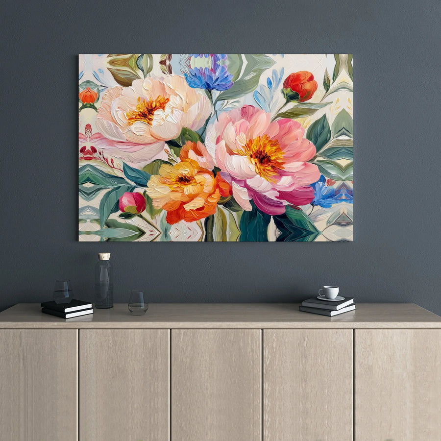 Peony Flower Canvas Wall Art | Impasto Floral Oil Painting Style | Premium Gallery Wrap Print | Elegant Home Decor Gift