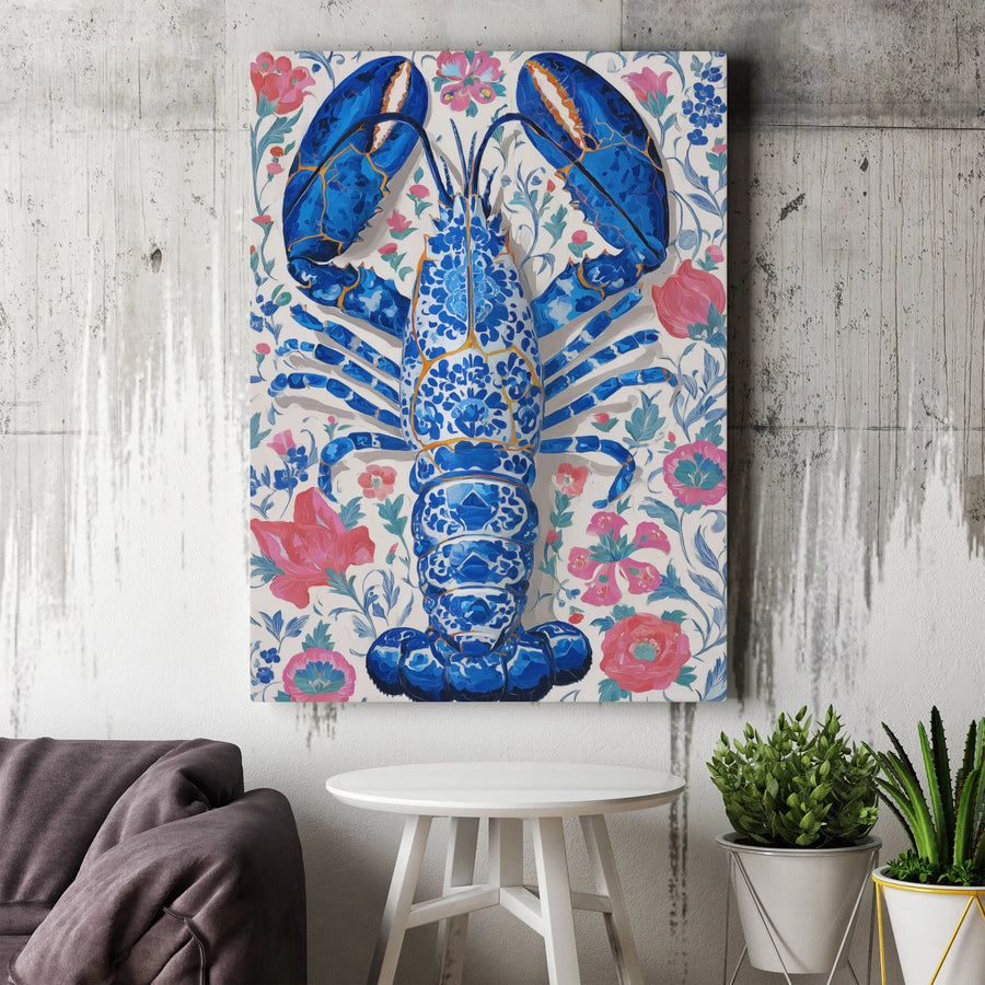 Blue Lobster Canvas Wall Art | Chinoiserie Floral Print | Premium Gallery Wrapped Canvas | Unique Kitchen & Dining Room Decor