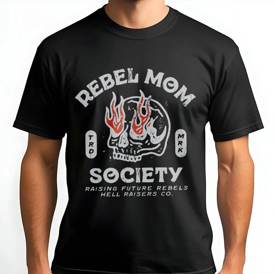 Rebel Mom Society T-Shirt | Retro Grunge Flaming Skull Design | Premium Soft Cotton Tee | Edgy Mama Gift for Mother's Day 2026 & Birthday