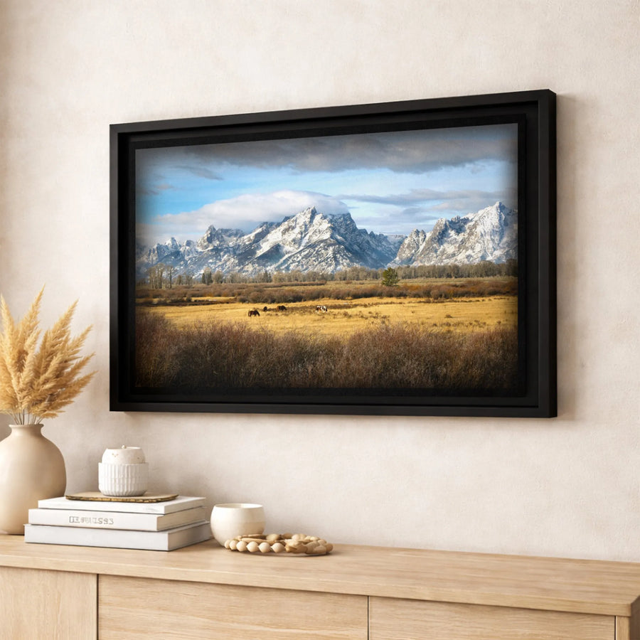 Grand Teton National Park Canvas Print | Horses Grazing Mountain Landscape | Gallery Wrapped Premium Wall Art | Rustic Home & Office Decor Gift